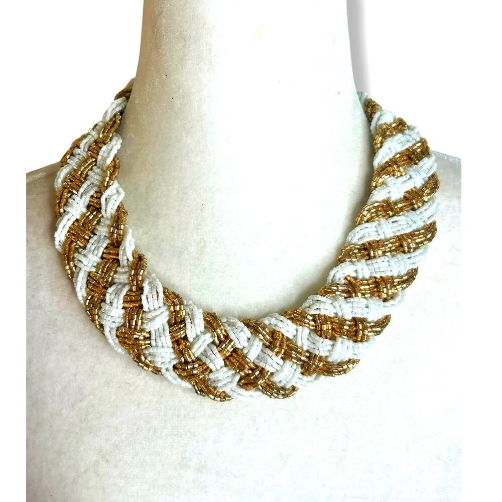 Woven Braided Seed Bead Necklace Gold White Statement Torsade Bib Collar